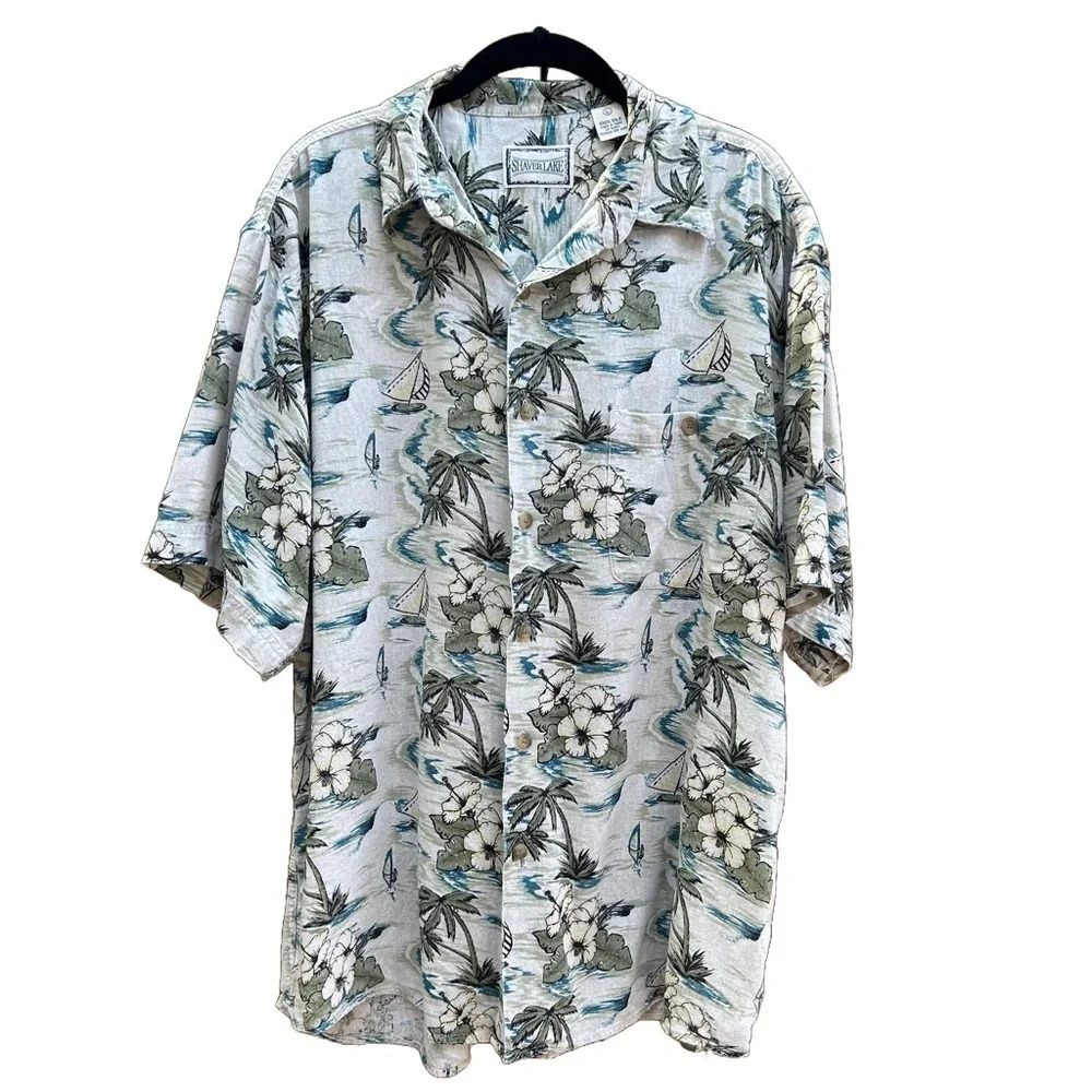 100% Silk Tropical Print Button Down Short Sleeve Collard Shirt Size Large